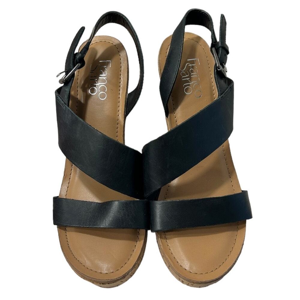 Franco Sarto Womens Cadelle Leather Cork Wedge Heel Sandals Black NEW Size 8M